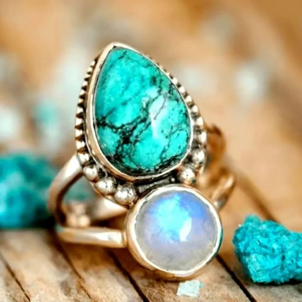 Boho Style Ring Inlaid Turquoise And Spherical Moonstone Match